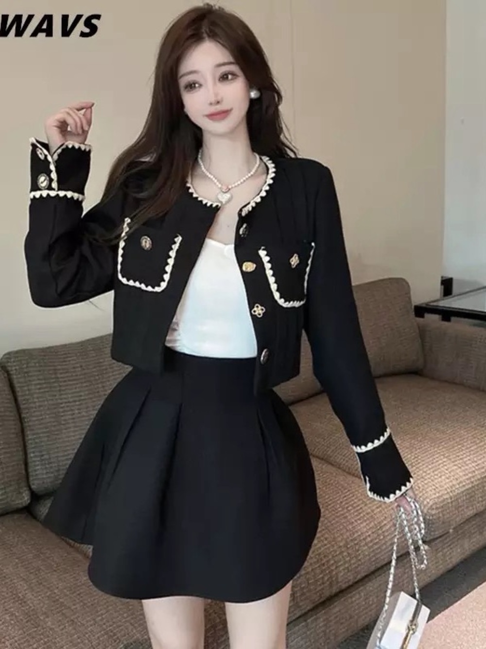 Women’s Black Cropped Jacket & Pleated Mini Skirt 2-Piece Set